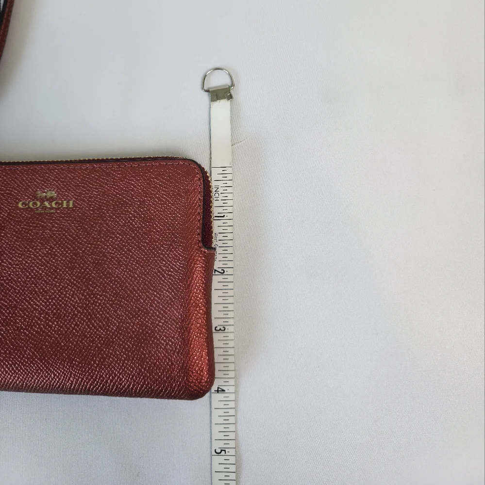 Coach Leather Wristlet Corner Zip Metallic Red Cherry Maroon Rust Wallet Clutch - Picture 10 of 10